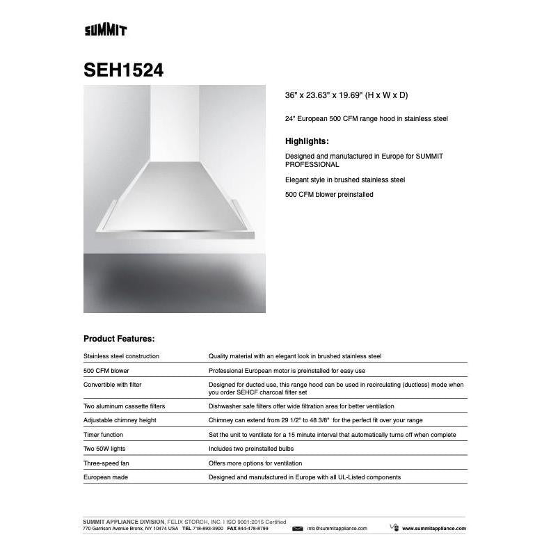 SUMMIT Wall-Mounted Range Hood (SEH15) 