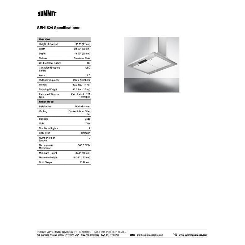 SUMMIT Wall-Mounted Range Hood (SEH15) 