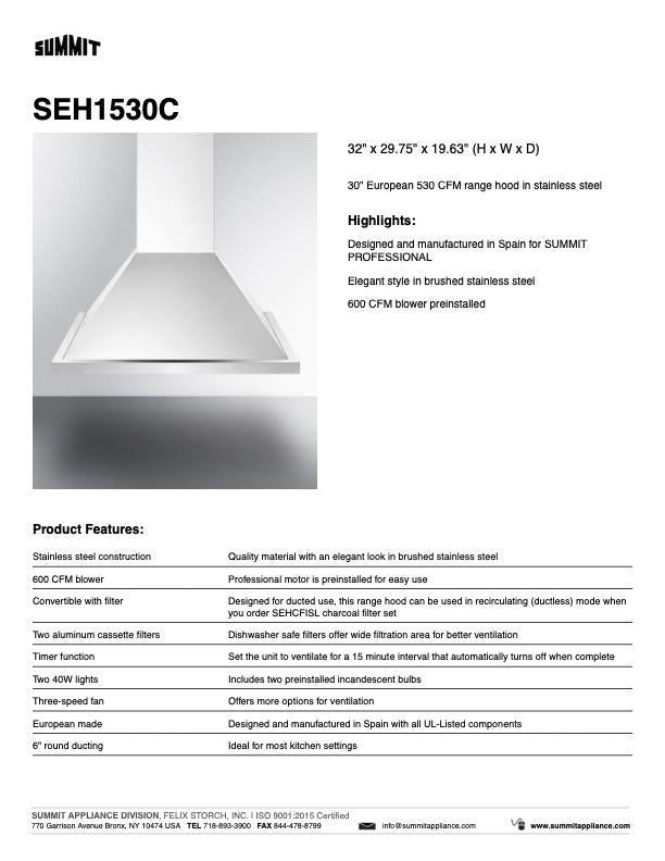 SUMMIT Wall-Mounted Range Hood (SEH15) 