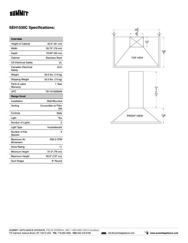 SUMMIT Wall-Mounted Range Hood (SEH15) 