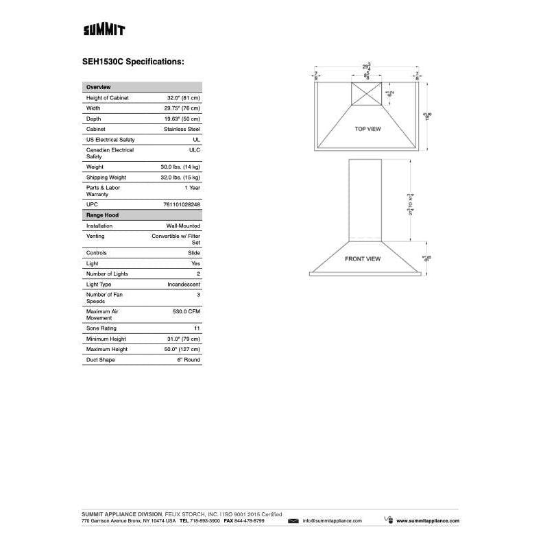 SUMMIT Wall-Mounted Range Hood (SEH15) 