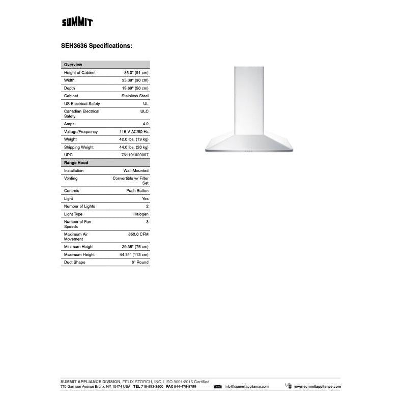 SUMMIT Wall-Mounted Range Hood in Stainless Steel (SEH36) 