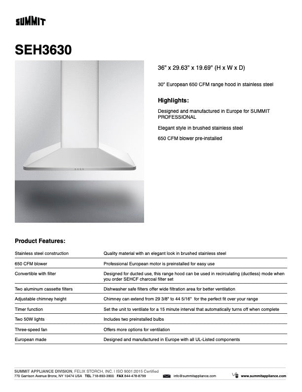 SUMMIT Wall-Mounted Range Hood in Stainless Steel (SEH36) 