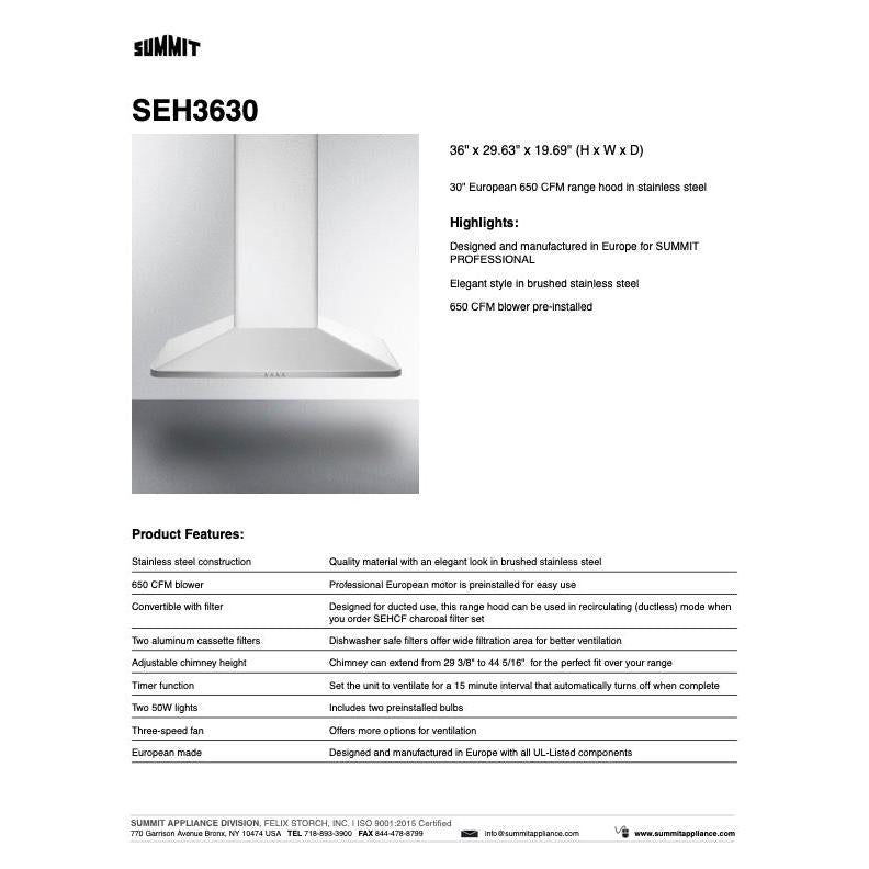 SUMMIT Wall-Mounted Range Hood in Stainless Steel (SEH36) 