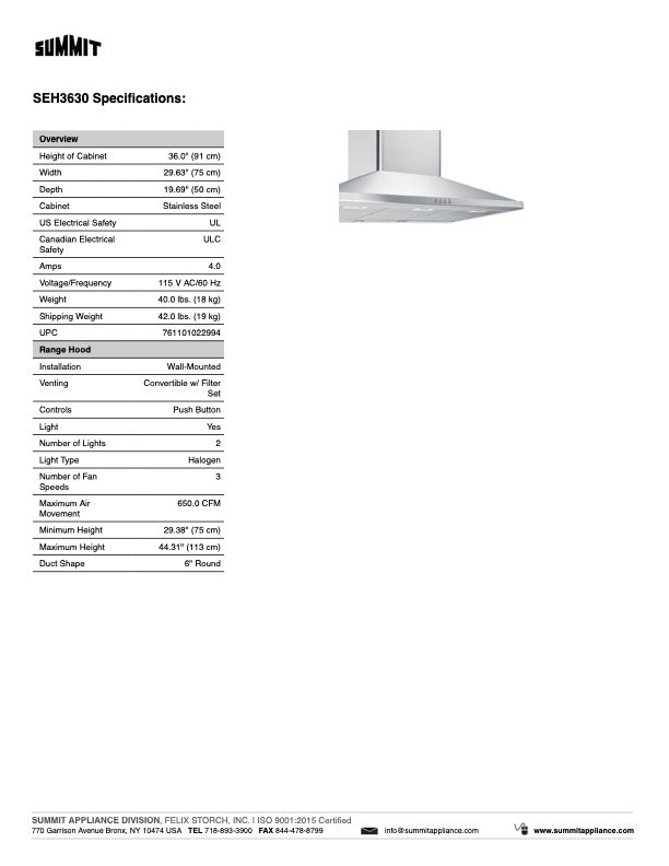 SUMMIT Wall-Mounted Range Hood in Stainless Steel (SEH36) 