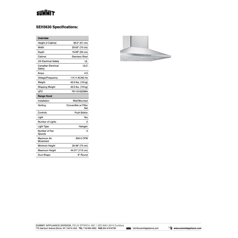 SUMMIT Wall-Mounted Range Hood in Stainless Steel (SEH36) 