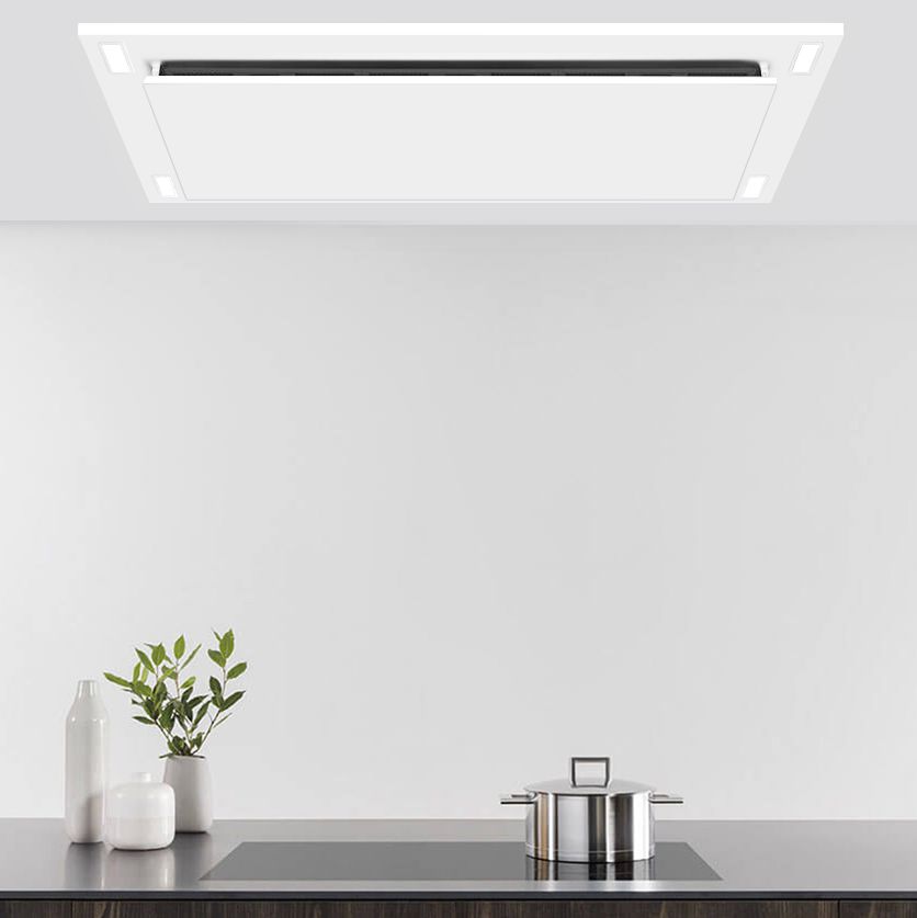 VICTORY Sunset 36 Inch 600 CFM Flush Ceiling Mount Range Hood in White, lifestyle