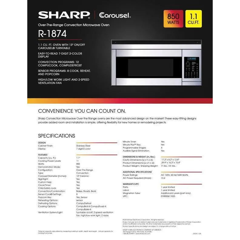 Sharp 1.1 cu. ft. 850W 30 in. Over-the-Range Convection Microwave in Stainless Steel (R1874T) 