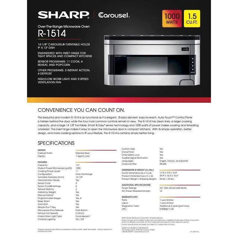Sharp 1.5 cu. ft. 1000W 30 in. Over-the-Range Microwave Oven with Concealed Control Panel in Stainless Steel (R1514T) 