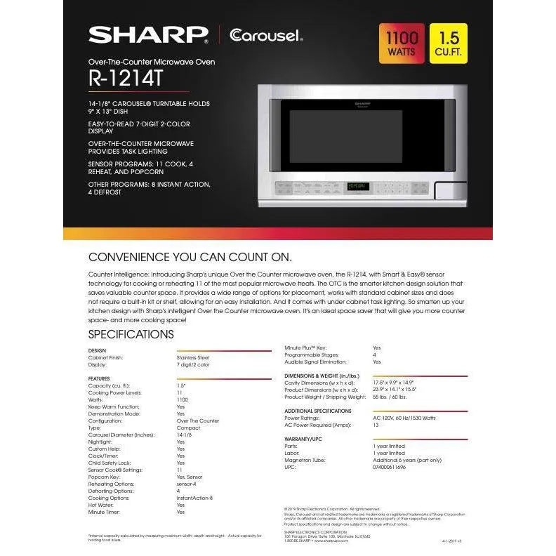 Sharp 1.5 cu. ft. 1100W 24 in. Over-the-Counter Microwave in Stainless Steel (R1214T) 