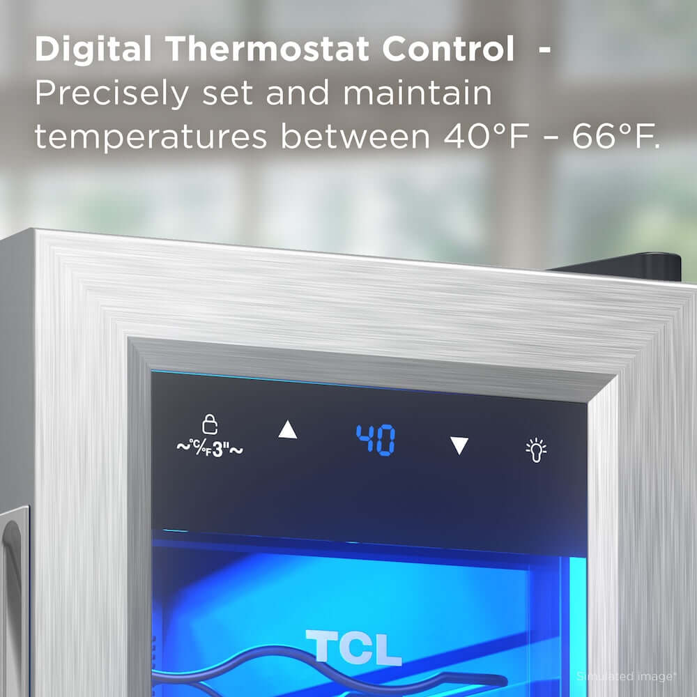 TCL 18 in. 12 Bottle 1.24 Cu. Ft. Compact Freestanding Wine Cooler with Glass Door (TRW12F6AS) Digital thermostat control panel