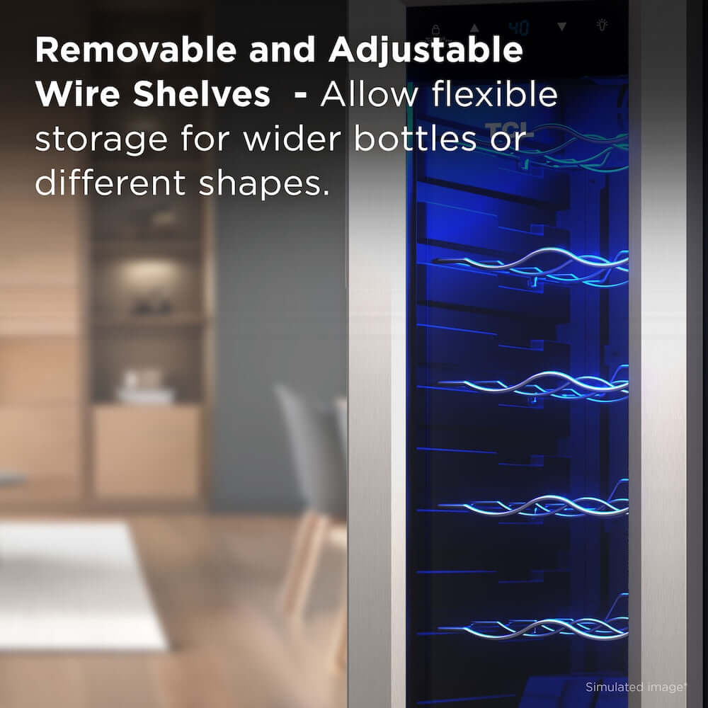 TCL 18 in. 12 Bottle 1.24 Cu. Ft. Compact Freestanding Wine Cooler with Glass Door (TRW12F6AS) with text about removable and adjustable wire shelves in a blurred room setting