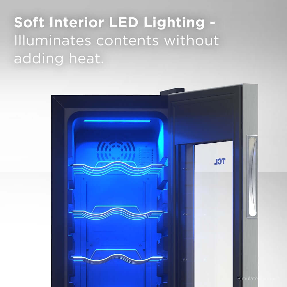 TCL 18 in. 12 Bottle 1.24 Cu. Ft. Compact Freestanding Wine Cooler with Glass Door (TRW12F6AS) with soft blue interior LED lighting