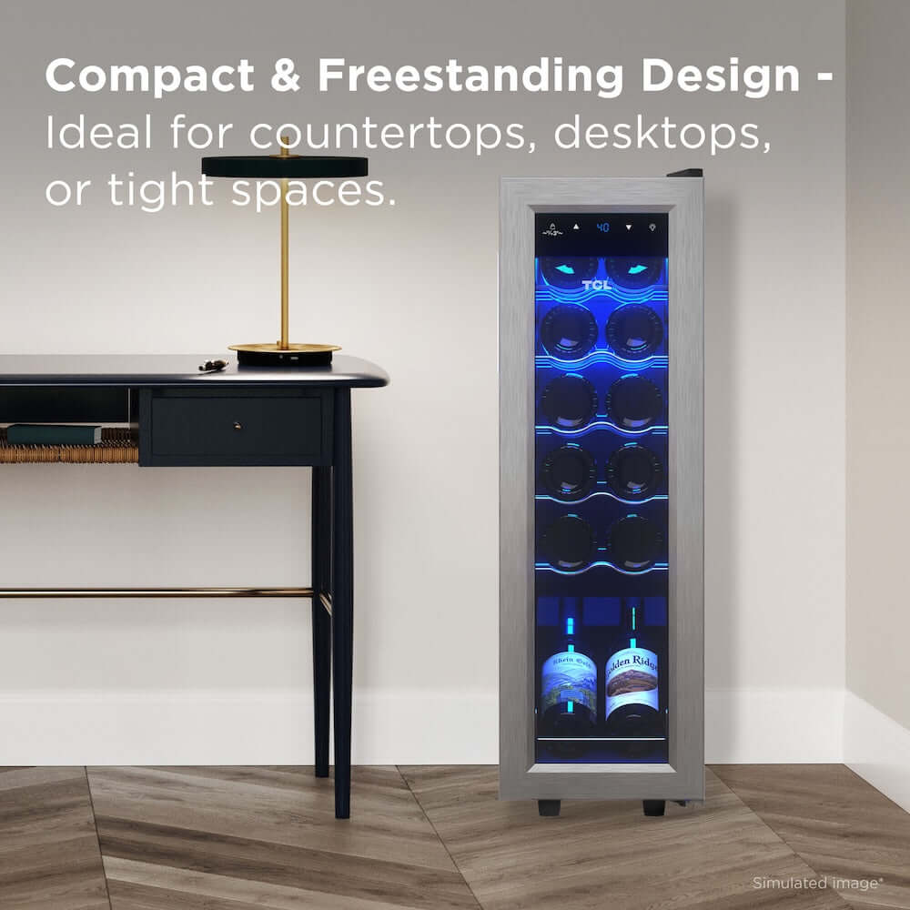 TCL 18 in. 12 Bottle 1.24 Cu. Ft. Compact Freestanding Wine Cooler with Glass Door (TRW12F6AS) next to a desk with text highlighting its design.
