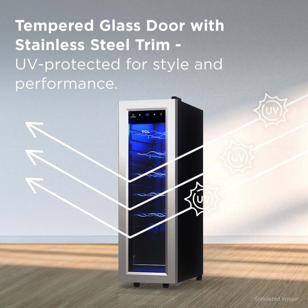 TCL 18 in. 12 Bottle 1.24 Cu. Ft. Compact Freestanding Wine Cooler with Glass Door (TRW12F6AS) tempered glass door with stainless steel trim
