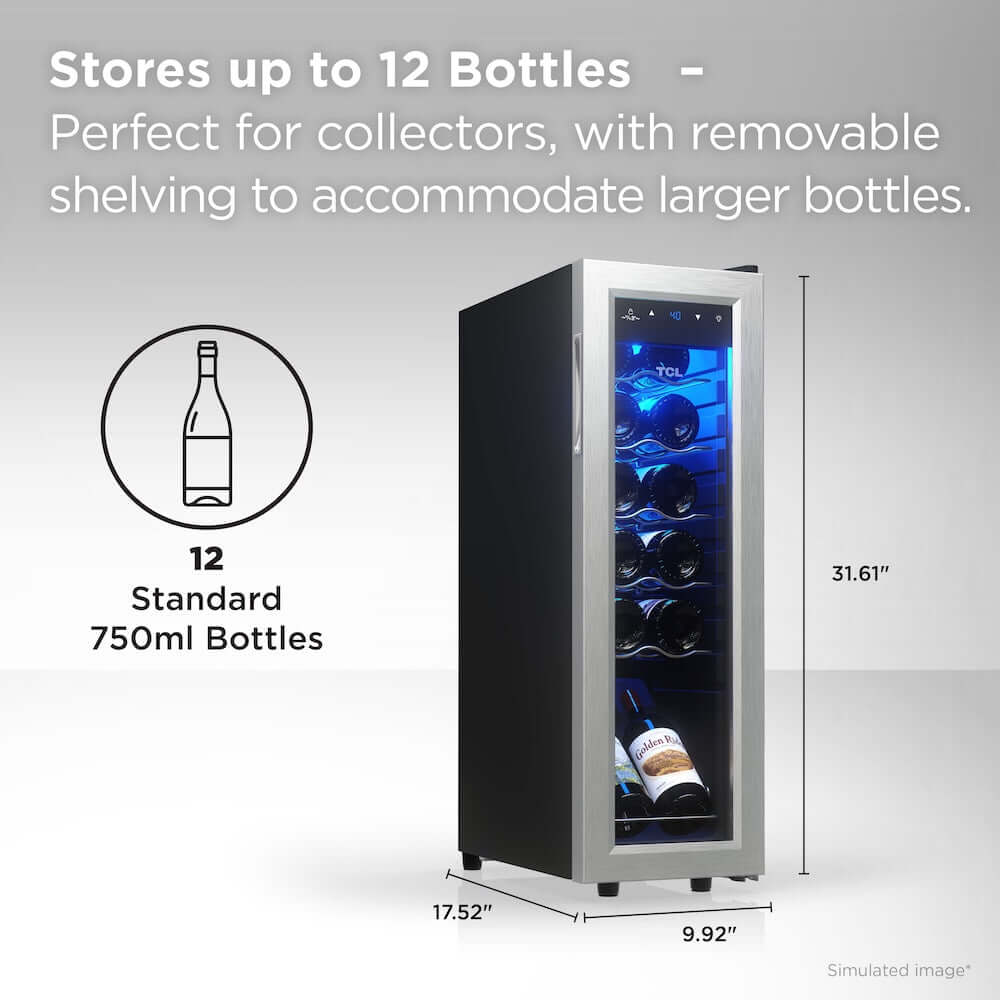 TCL 18 in. 12 Bottle 1.24 Cu. Ft. Compact Freestanding Wine Cooler with Glass Door (TRW12F6AS) with removable shelves for 12 bottles, dimensions displayed.