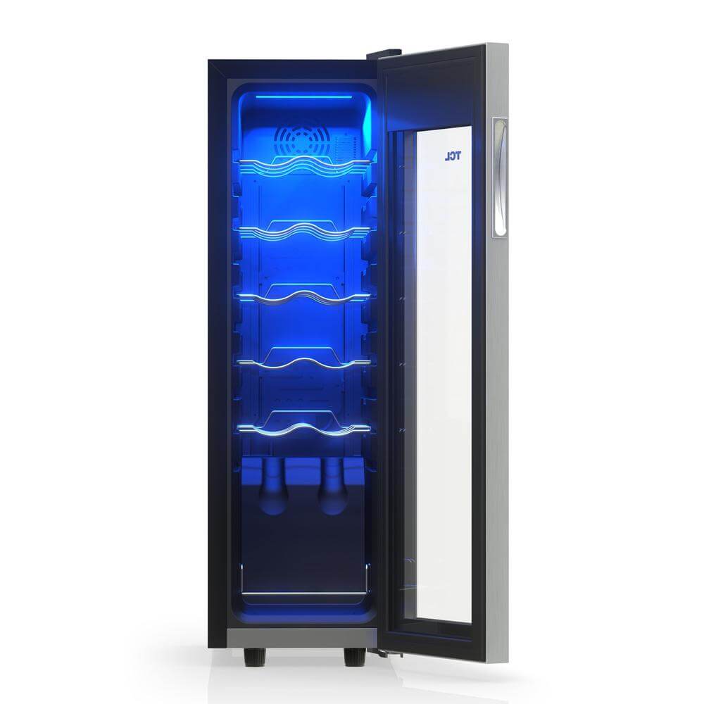 TCL 18 in. 12 Bottle 1.24 Cu. Ft. Compact Freestanding Wine Cooler with Glass Door (TRW12F6AS) with open door on a white background