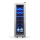 TCL 18 in. 12 Bottle 1.24 Cu. Ft. Compact Freestanding Wine Cooler with Glass Door (TRW12F6AS) with blue interior light displaying wine bottles on a white background