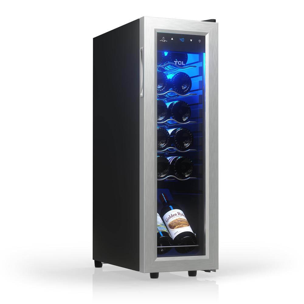 TCL 18 in. 12 Bottle 1.24 Cu. Ft. Compact Freestanding Wine Cooler with Glass Door (TRW12F6AS) with bottles inside on a white background
