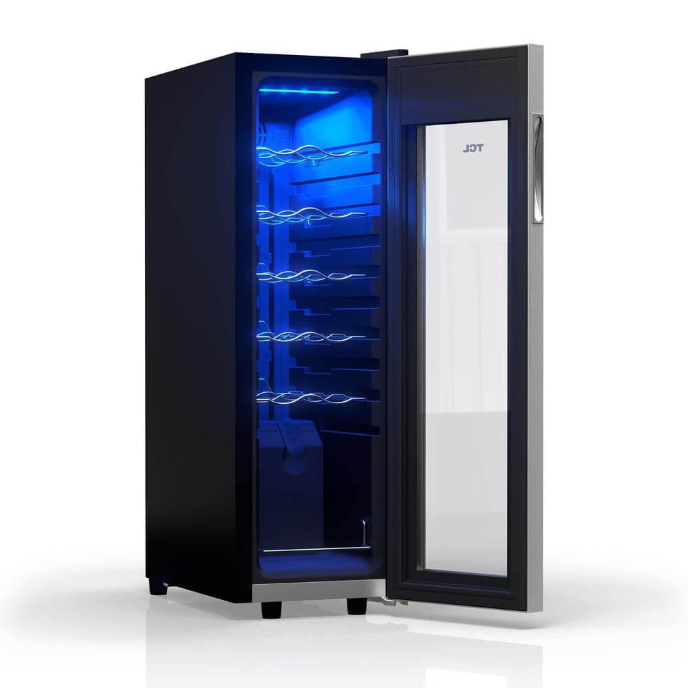 TCL 18 in. 12 Bottle 1.24 Cu. Ft. Compact Freestanding Wine Cooler with Glass Door (TRW12F6AS) open, with blue interior lighting on a white background