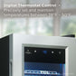 TCL 10 in. 33 Can 1.24 Cu. Ft. Compact Freestanding Beverage Cooler with Glass Door (TRV033FAS) with digital thermostat control display, set against a blurred outdoor background.