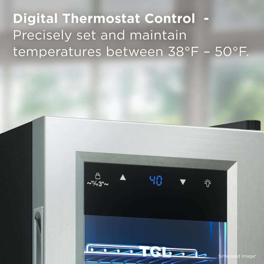 TCL 10 in. 33 Can 1.24 Cu. Ft. Compact Freestanding Beverage Cooler with Glass Door (TRV033FAS) with digital thermostat control display, set against a blurred outdoor background.