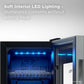 TCL 10 in. 33 Can 1.24 Cu. Ft. Compact Freestanding Beverage Cooler with Glass Door (TRV033FAS) with soft interior LED lighting and text describing its benefits.