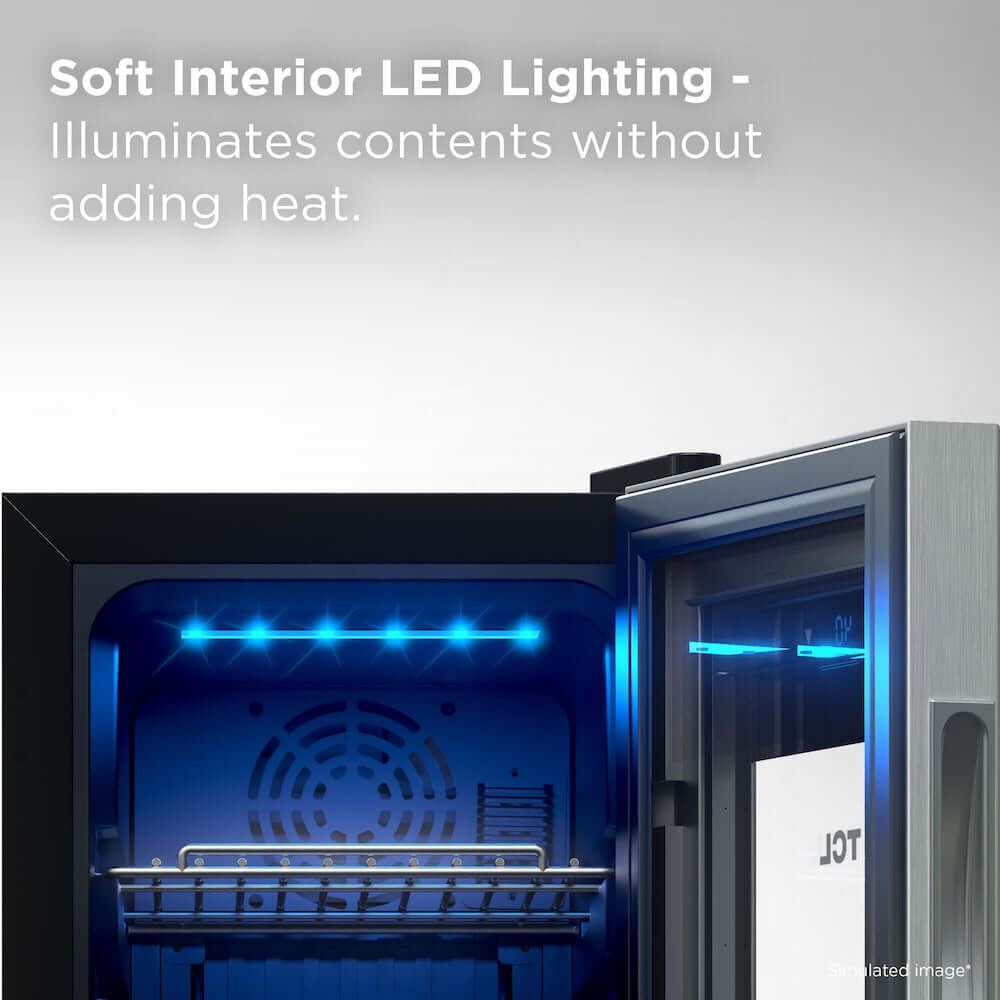 TCL 10 in. 33 Can 1.24 Cu. Ft. Compact Freestanding Beverage Cooler with Glass Door (TRV033FAS) with soft interior LED lighting and text describing its benefits.
