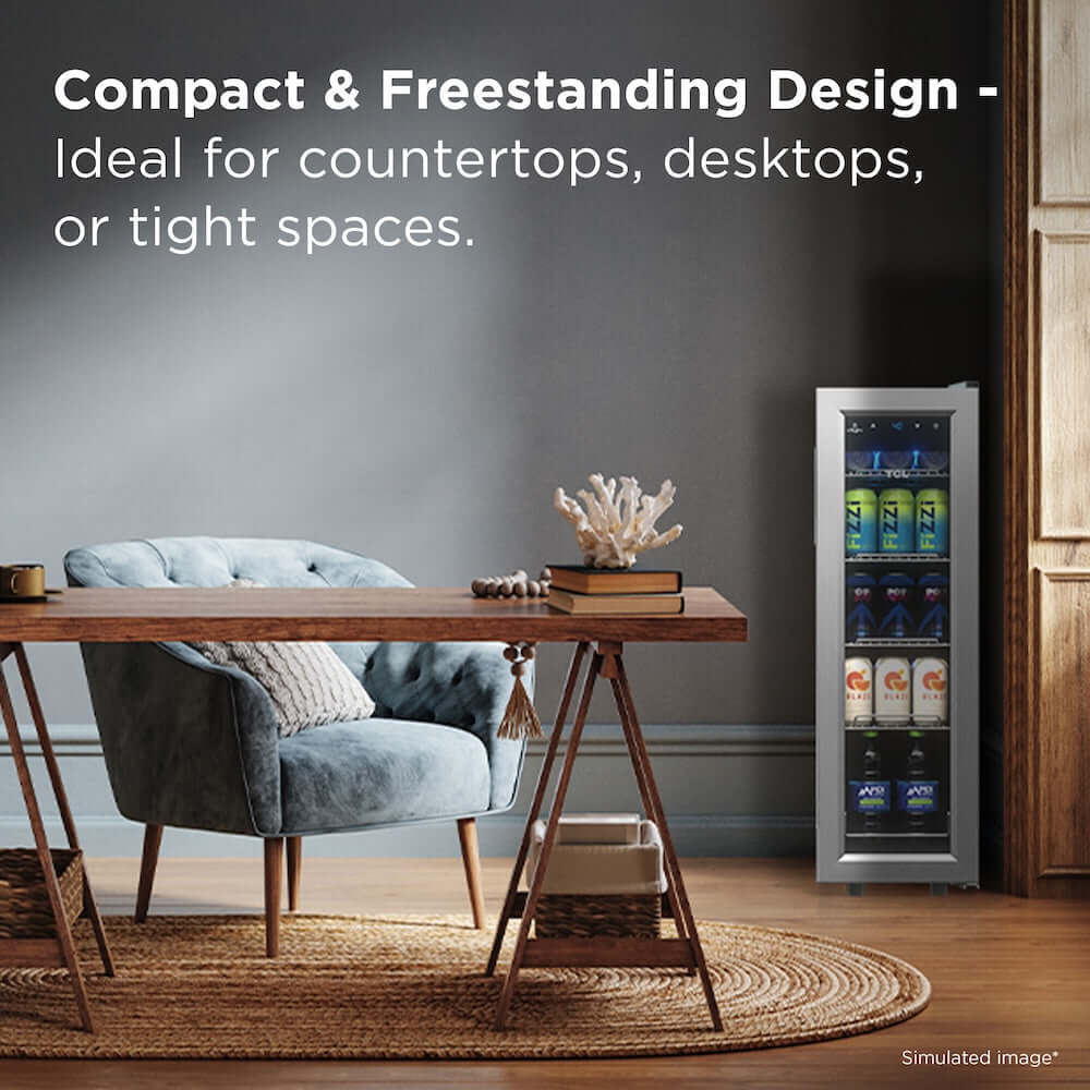 TCL 10 in. 33 Can 1.24 Cu. Ft. Compact Freestanding Beverage Cooler with Glass Door (TRV033FAS) in a room with a table and chair, text about compact design.