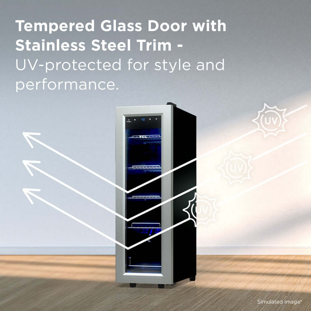 TCL 10 in. 33 Can 1.24 Cu. Ft. Compact Freestanding Beverage Cooler with Glass Door (TRV033FAS) with tempered glass door and stainless steel trim, UV protection feature highlighted.