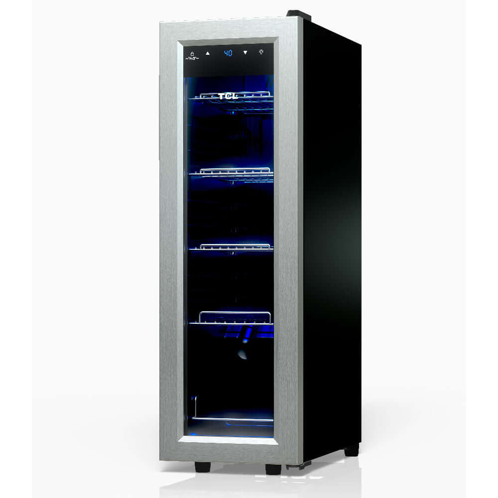 TCL 10 in. 33 Can 1.24 Cu. Ft. Compact Freestanding Beverage Cooler with Glass Door (TRV033FAS) side, closed, empty, on a white background