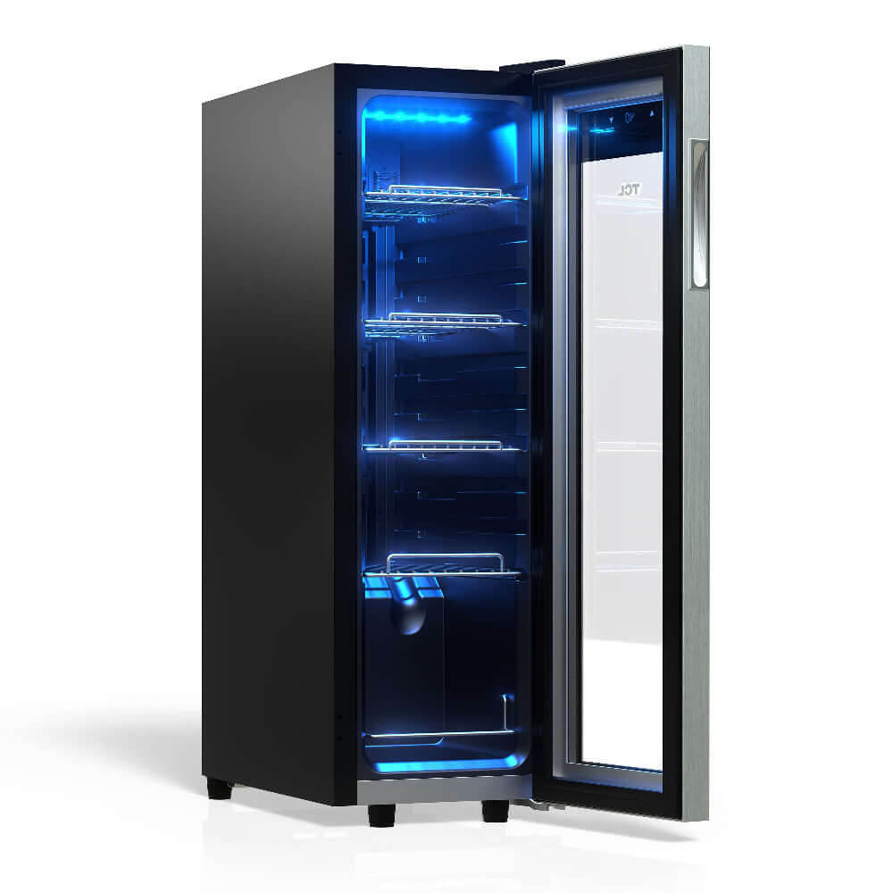 TCL 10 in. 33 Can 1.24 Cu. Ft. Compact Freestanding Beverage Cooler with Glass Door (TRV033FAS) with open door on a white background