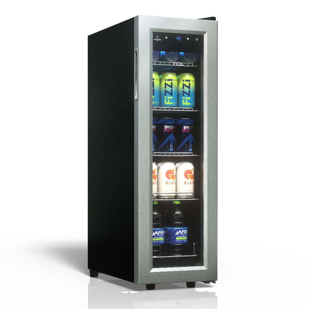 TCL 10 in. 33 Can 1.24 Cu. Ft. Compact Freestanding Beverage Cooler with Glass Door (TRV033FAS) side, with drinks on a white background