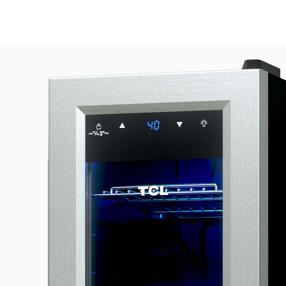 TCL 10 in. 33 Can 1.24 Cu. Ft. Compact Freestanding Beverage Cooler with Glass Door (TRV033FAS) with digital display on a white background