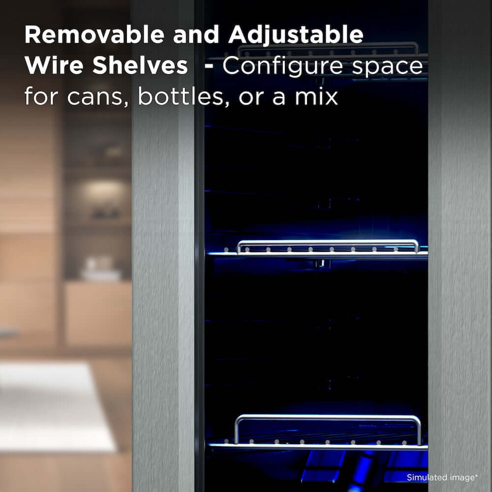 TCL 10 in. 33 Can 1.24 Cu. Ft. Compact Freestanding Beverage Cooler with Glass Door (TRV033FAS) with wire shelves highlighted, text indicating removable and adjustable shelves for cans, bottles, or a mix.