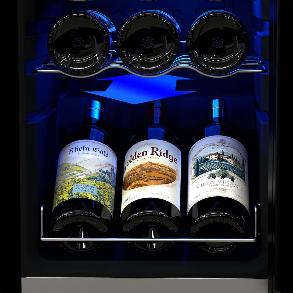 Three bottles of wine with labels visible in TCL 14 in. 18 Bottle 1.8 Cu. Ft. Compact Freestanding Wine Cooler with Glass Door (TRW18F6AS)