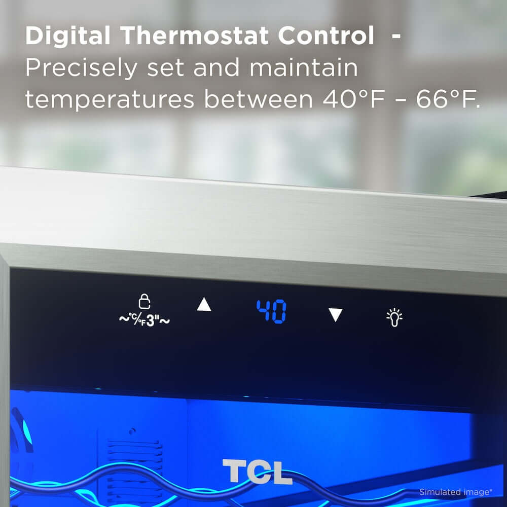 TCL 14 in. 18 Bottle 1.8 Cu. Ft. Compact Freestanding Wine Cooler with Glass Door (TRW18F6AS) digital thermostat control panel with temperature display.