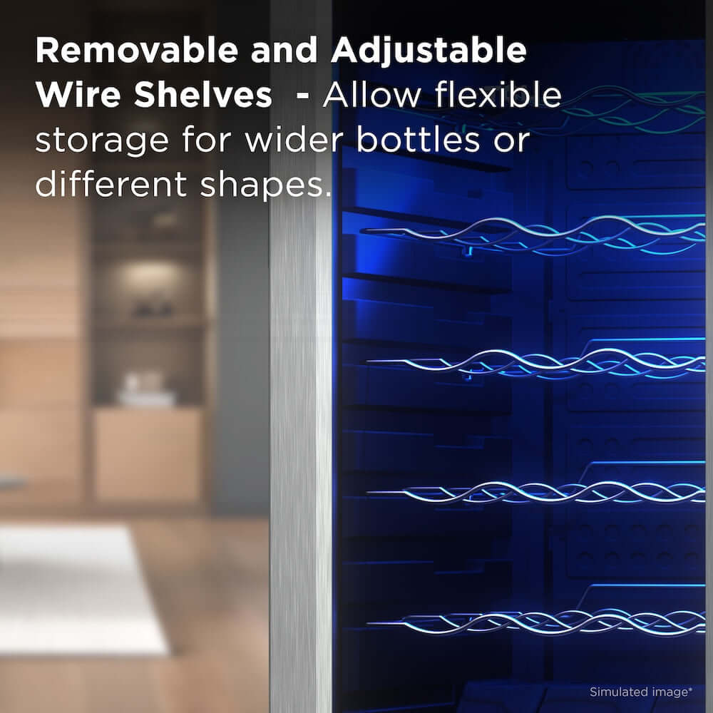 TCL 14 in. 18 Bottle 1.8 Cu. Ft. Compact Freestanding Wine Cooler with Glass Door (TRW18F6AS) with removable and adjustable wire shelves in a kitchen setting