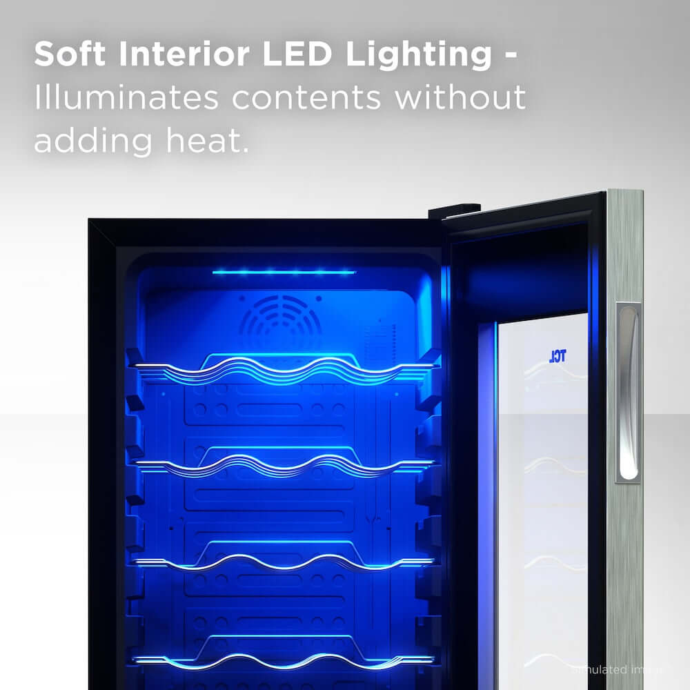 TCL 14 in. 18 Bottle 1.8 Cu. Ft. Compact Freestanding Wine Cooler with Glass Door (TRW18F6AS) with blue LED lighting inside, text about soft interior LED lighting.