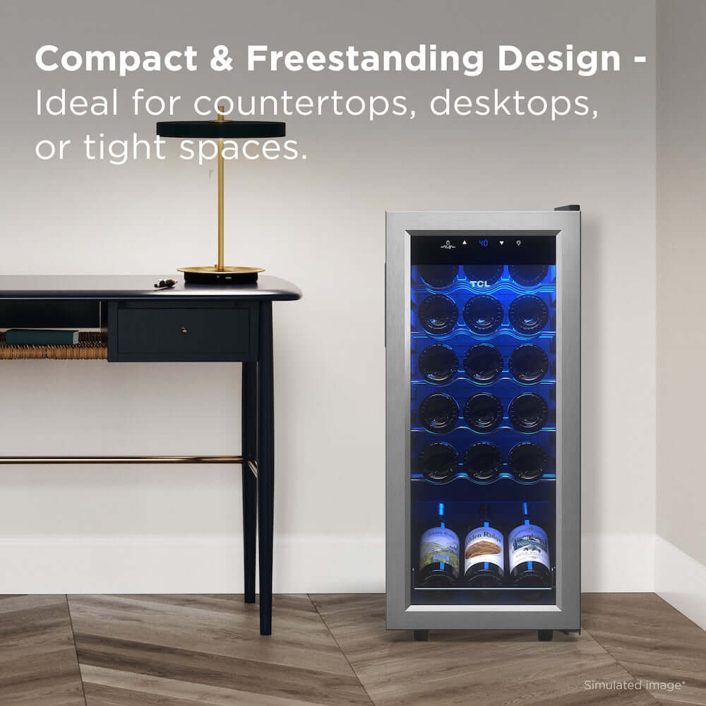 TCL 14 in. 18 Bottle 1.8 Cu. Ft. Compact Freestanding Wine Cooler with Glass Door (TRW18F6AS) with bottles inside next to a desk in a room setting