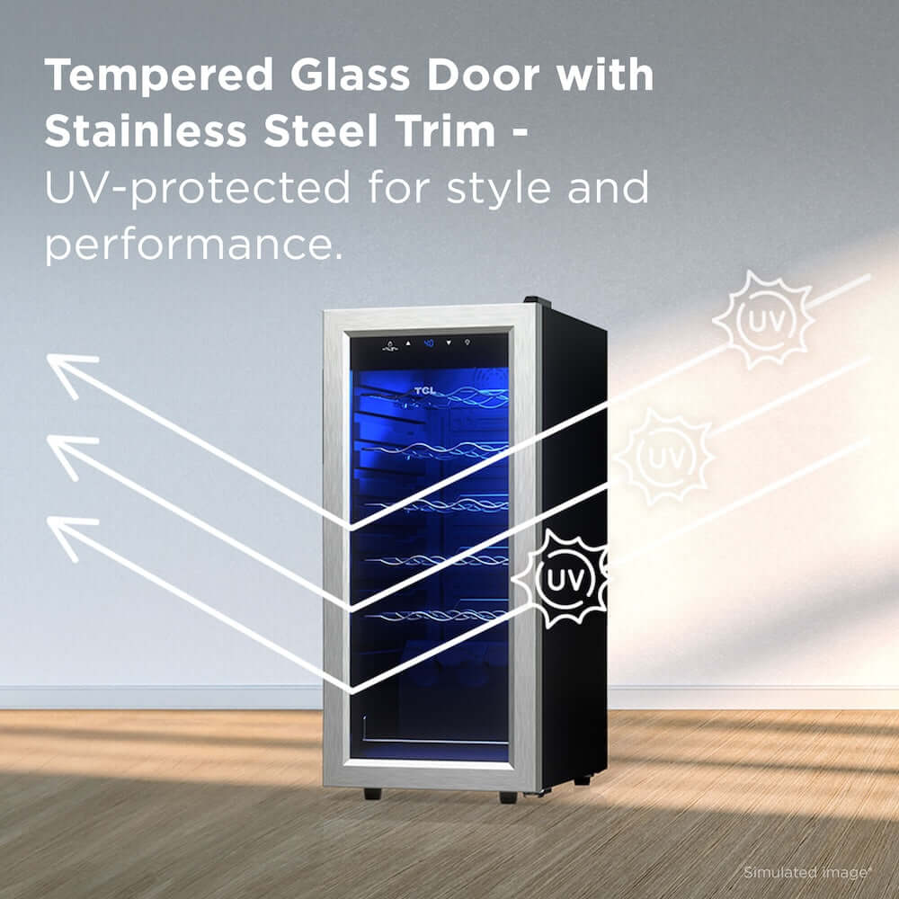 TCL 14 in. 18 Bottle 1.8 Cu. Ft. Compact Freestanding Wine Cooler with Glass Door (TRW18F6AS) with tempered glass door and stainless steel trim, UV-protected feature highlighted.