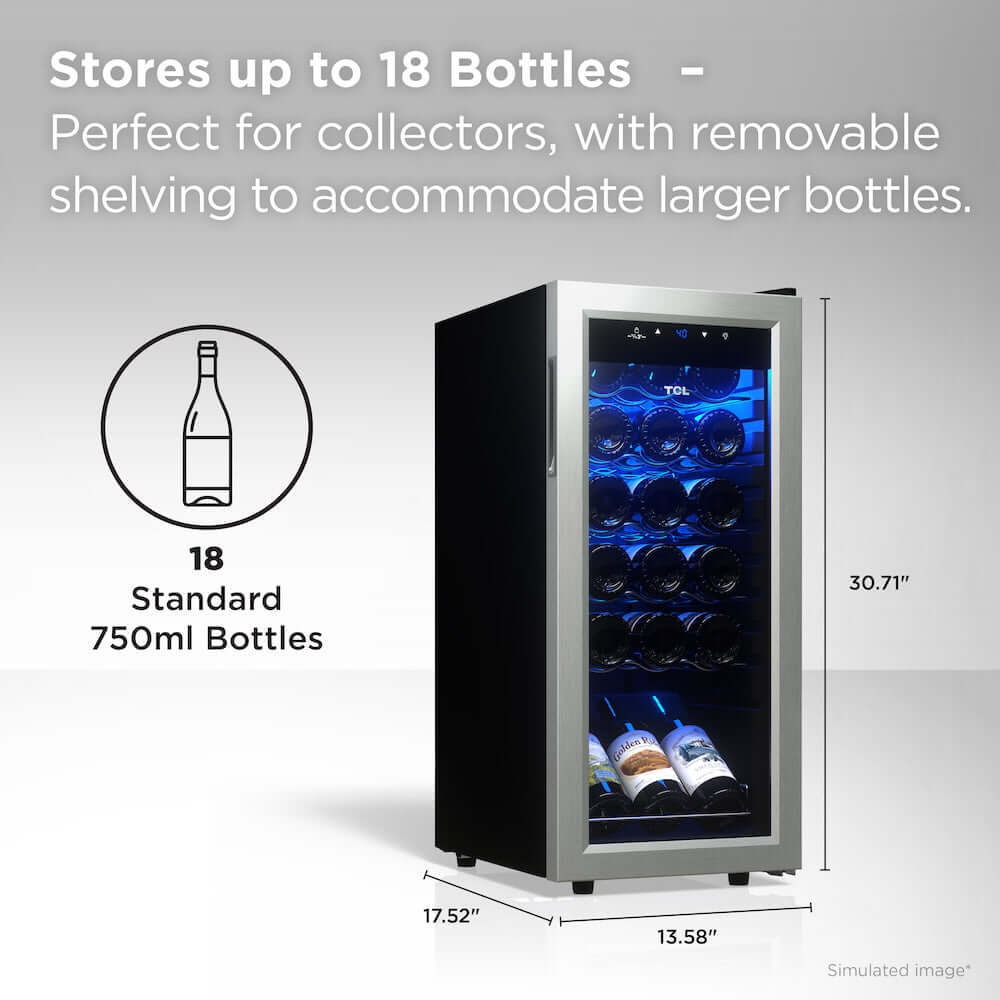 TCL 14 in. 18 Bottle 1.8 Cu. Ft. Compact Freestanding Wine Cooler with Glass Door (TRW18F6AS) with bottle icons and dimensions on a gray background