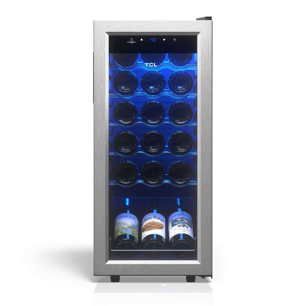TCL 14 in. 18 Bottle 1.8 Cu. Ft. Compact Freestanding Wine Cooler with Glass Door (TRW18F6AS) with bottles inside on a white background