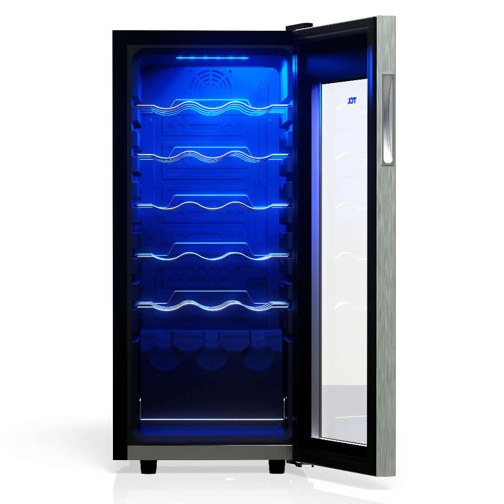 TCL 14 in. 18 Bottle 1.8 Cu. Ft. Compact Freestanding Wine Cooler with Glass Door (TRW18F6AS) open, empty, with blue interior lighting on a white background