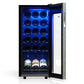 TCL 14 in. 18 Bottle 1.8 Cu. Ft. Compact Freestanding Wine Cooler with Glass Door (TRW18F6AS) with open door displaying bottles inside, on a white background