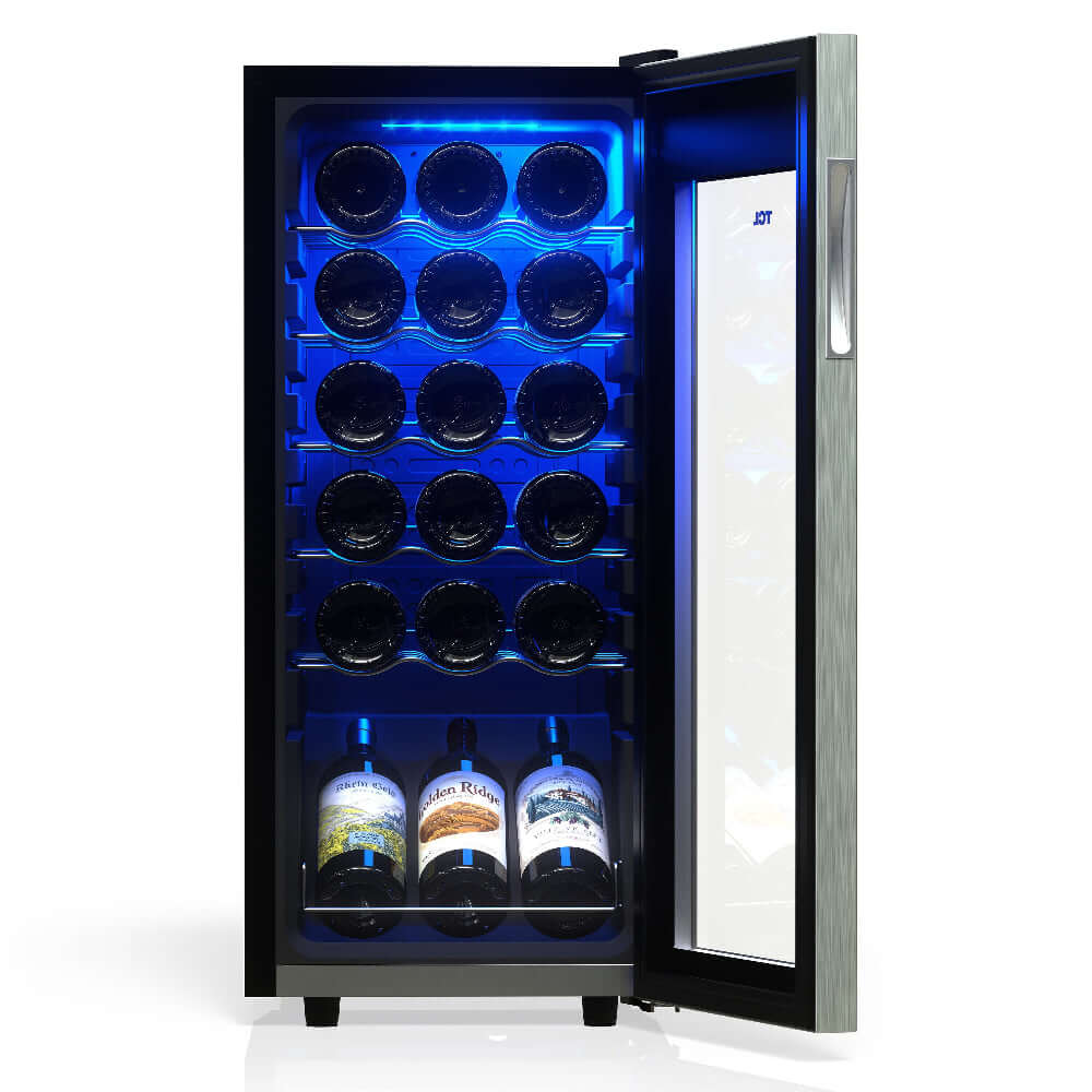 TCL 14 in. 18 Bottle 1.8 Cu. Ft. Compact Freestanding Wine Cooler with Glass Door (TRW18F6AS) with open door displaying bottles inside, on a white background