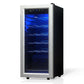TCL 14 in. 18 Bottle 1.8 Cu. Ft. Compact Freestanding Wine Cooler with Glass Door (TRW18F6AS) side, with blue interior lighting on a white background