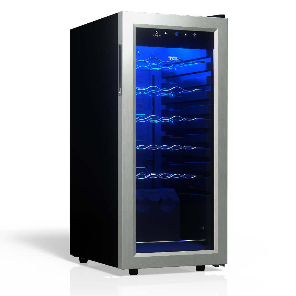 TCL 14 in. 18 Bottle 1.8 Cu. Ft. Compact Freestanding Wine Cooler with Glass Door (TRW18F6AS) with blue interior light on a white background