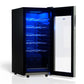TCL 14 in. 18 Bottle 1.8 Cu. Ft. Compact Freestanding Wine Cooler with Glass Door (TRW18F6AS) open,  with blue interior lighting on a white background