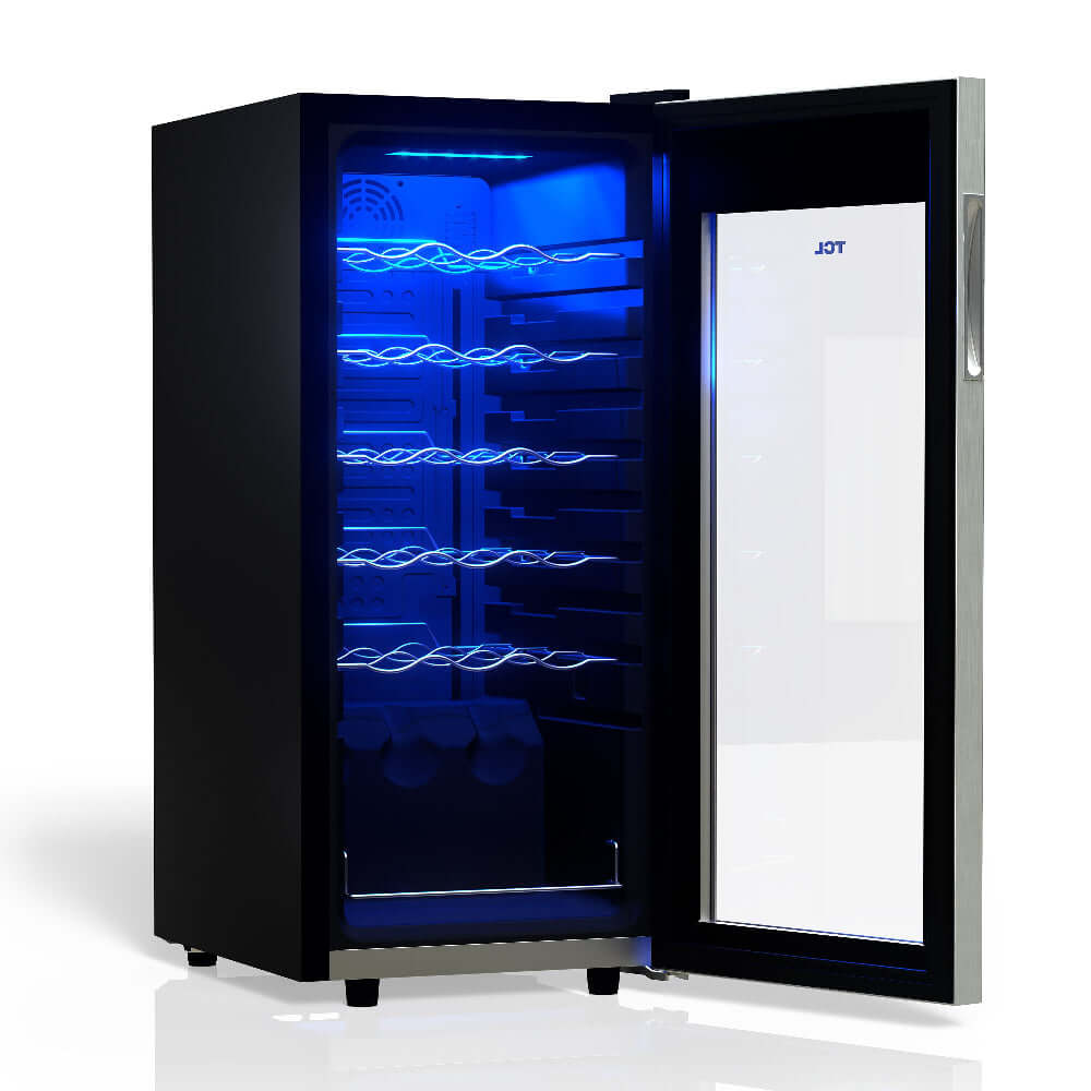 TCL 14 in. 18 Bottle 1.8 Cu. Ft. Compact Freestanding Wine Cooler with Glass Door (TRW18F6AS) open,  with blue interior lighting on a white background